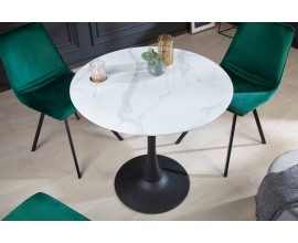 Art deco kulatý jídelní stůl Velma s mramorovou povrchovou deskou bílé barvy a černou podstavou 80cm