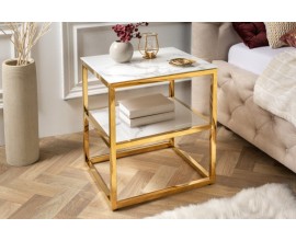 Moderní noční stolek Gold Marbleux z bezpečnostního skla s bílým mramorovým vzhledem s kovovou podstavou zlatá 50cm