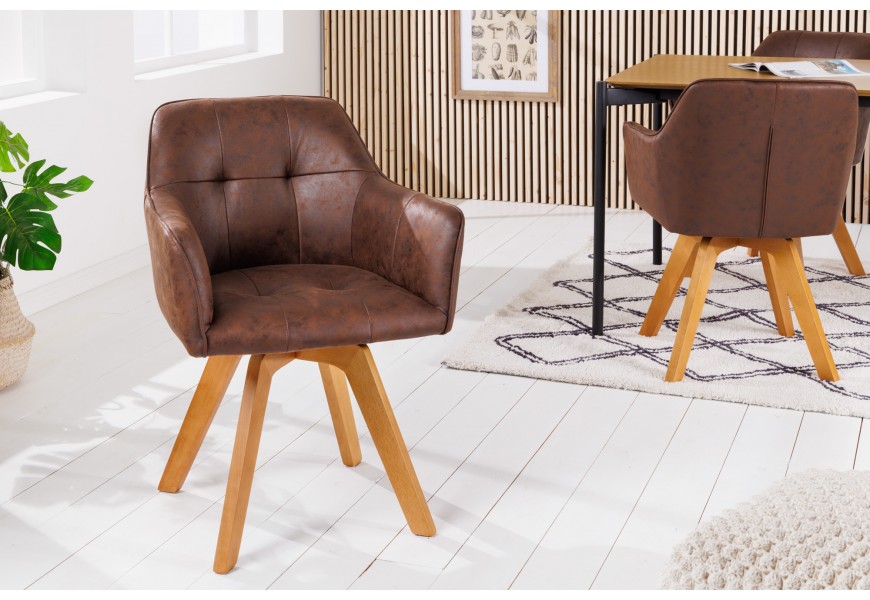 Industriální stylová židle Devon do jídelny s antickým hnědým potahem a masivními hnědýma nohama