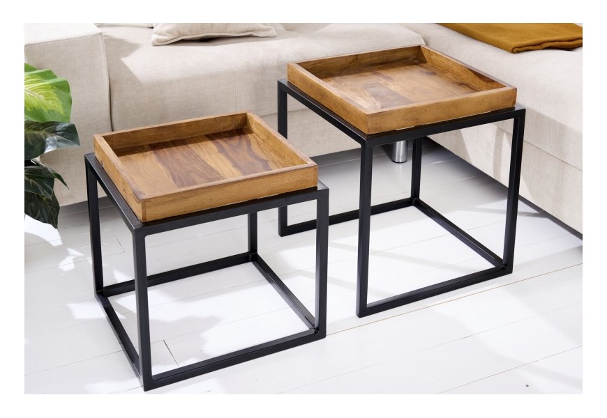 Designový set dvou moderních příručních stolků Elements z masivního dřeva sheesham as černou kovovou podstavou