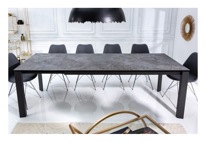 Designový rozkládatelný jídelní stůl Marbleux v černo-šedém provedení s mramorovou povrchovou deskou a kovovými nohama