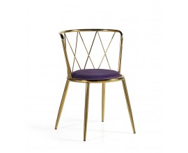 Designová art-deco jídelní židle Brilia s kovovou konstrukcí zlaté barvy a fialovým čalouněním