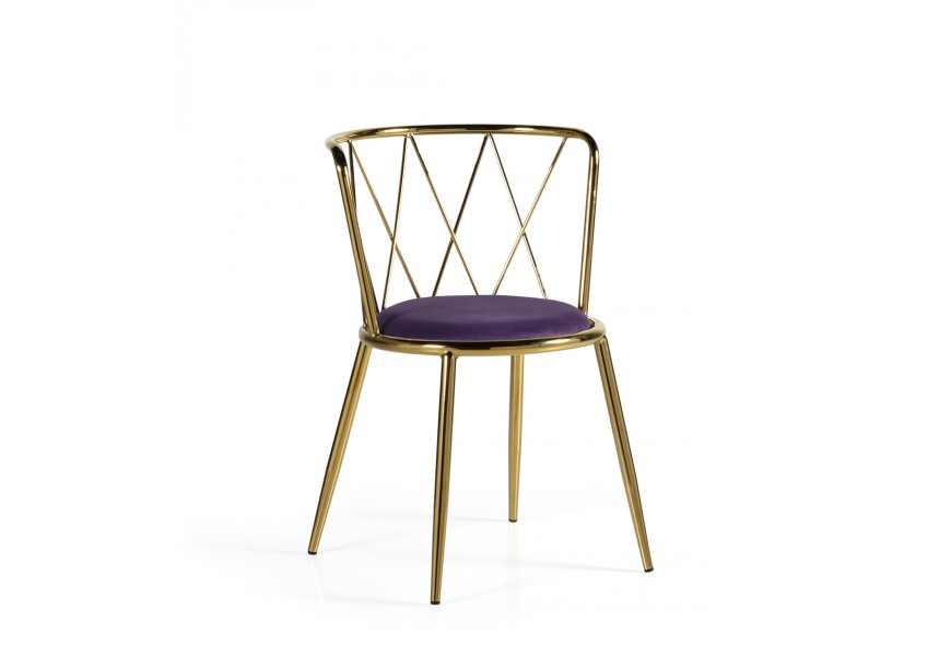 Elegantní art-deco jídelní židle Brilia s kovovou konstrukcí zlaté barvy a fialovým čalouněním