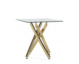 Art-deco čtvercový příruční stolek Brilia se zlatou podstavou a skleněnou povrchovou deskou 55cm