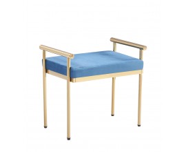 Designová art-deco lavice Brilia s čalouněním v nebeské modré barvě se zlatou kovovou konstrukcí