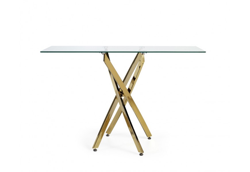 Elegantní glamour konzolový stolek Brilia ve zlatém chromovém provedení s průhlednou skleněnou povrchovou deskou
