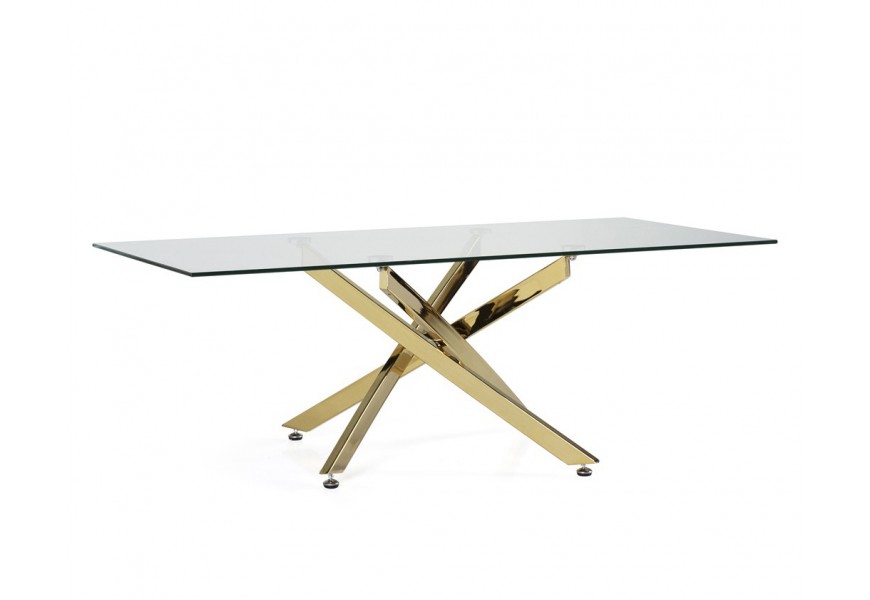 Moderní lesklý zlatý konferenční stolek Brilia v art-deco stylu se skleněnou povrchovou deskou