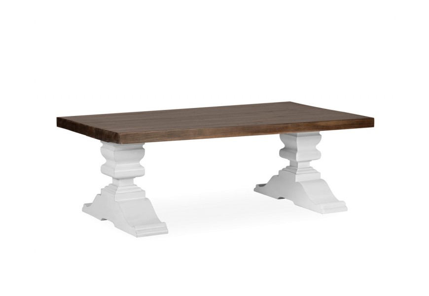 Koloniální masivní konferenční stolek Blanc s bílou vyřezávanou podstavou a hnědou povrchovou deskou ze dřeva mindi