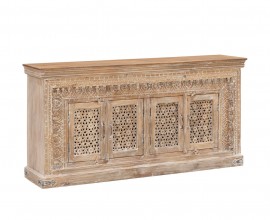 Orientální příborník Keralia z mangového masivu světle hnědé barvy s bohatým vyřezávaným zdobením a čtyřmi dvířky 180cm