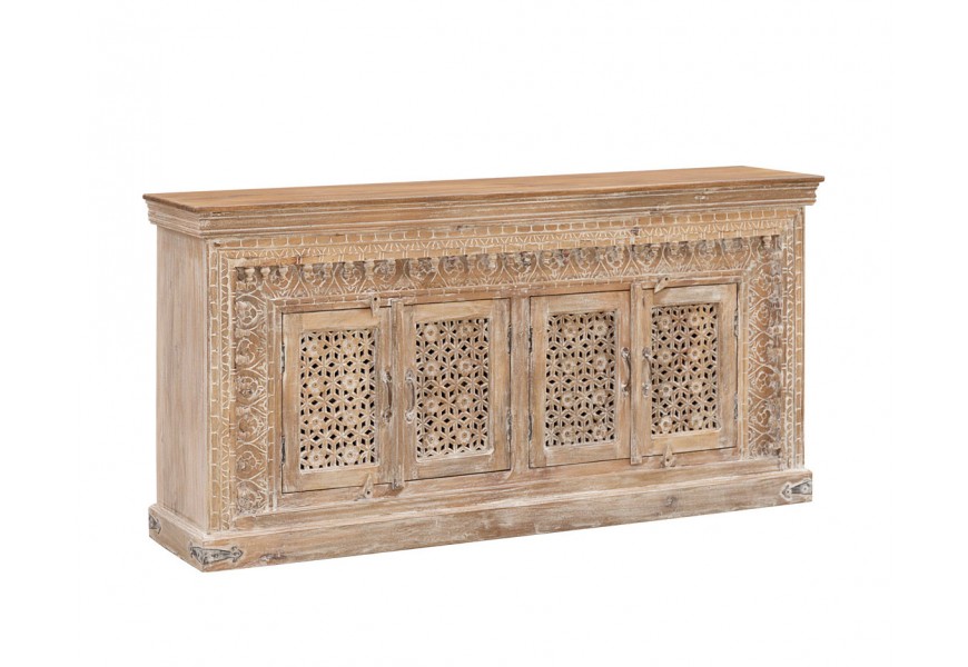 Luxusní masivní příborník Keralia v orientálním stylu z mangového dřeva světle hnědé barvy s bohatým vyřezávaným zdobením