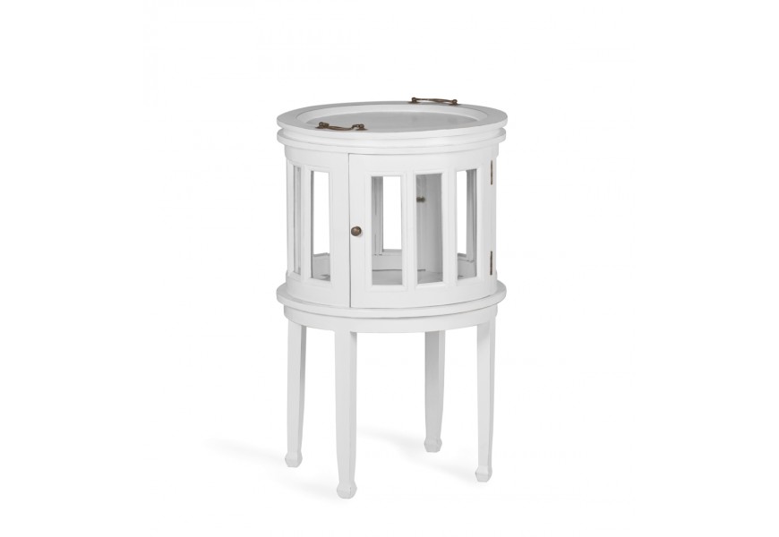 Luxusní rustikální barový stolek Blanc z masivního dřeva bílé barvy s úložným prostorem s dvířky a odnímatelným podnosem
