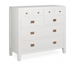 Klasická masivní komoda Blanc ze dřeva mindi bílé barvy s osmi zásuvkami 110cm