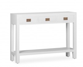 Klasický konzolový stolek Blanc z masivního dřeva mindi s bílou povrchovou úpravou a se třemi zásuvkami 110cm