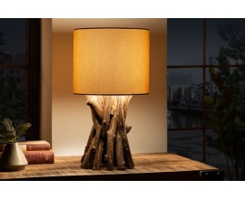 Venkovská stolní lampa Missle z přírodního teakového dřeva s kulatým béžovým stínítkem 50cm