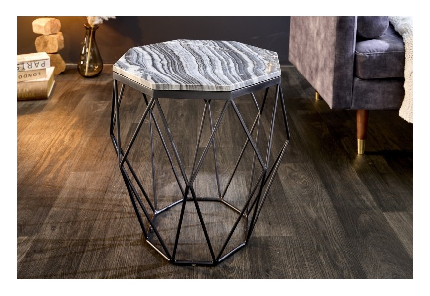 Mramorový příruční stolek Diamond Marble s hranatou vrchní deskou v provedení černo-bílý mramor