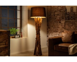 Designová stojací lampa Missle v přírodním stylu s podstavou z teakového dřeva as černým kulatým stínítkem
