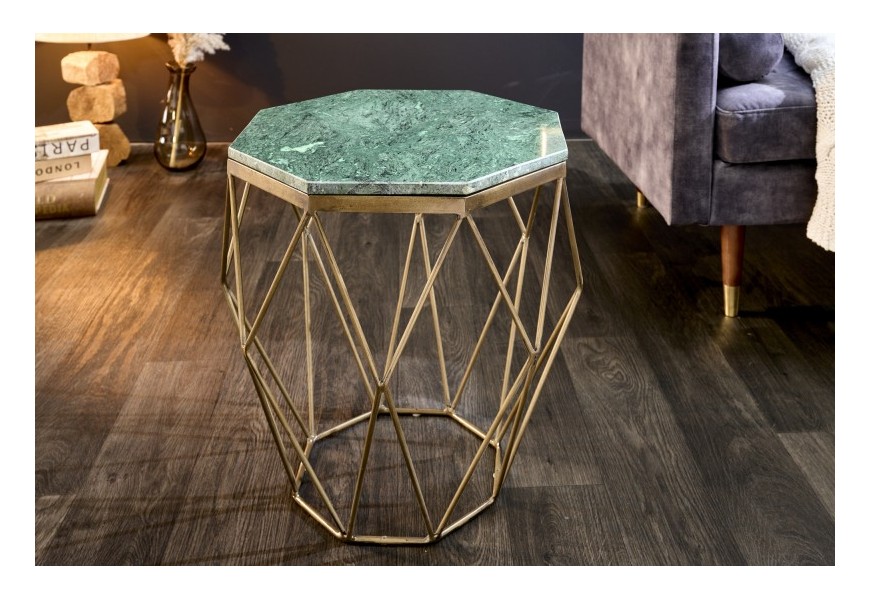 Mramorový příruční stolek Diamond Marble s mosaznou podstavou tyrkysově zelený