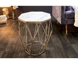 Designový konferenční stolek Diamond Marble v moderním provedení s mramorovým vzhledem s mosaznou podstavou z kovu bílý