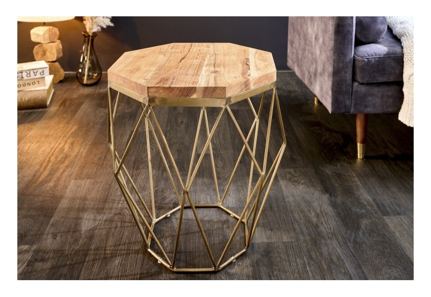 Moderní konferenční stolek Solid Diamond z akáciového masivu s mosaznou podstavou