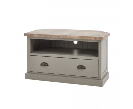Masivní televizní stolek Greytone v provensálském stylu v šedém povrchovém provedení s vrchní deskou s přirozenou kresbou dřeva, šuplíkem a mosaznými úchyty