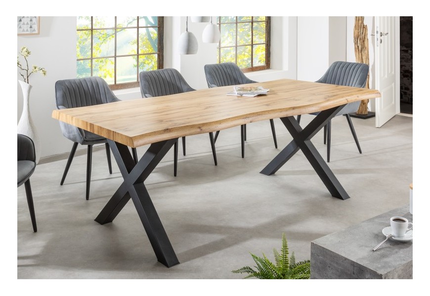 Dřevěný obdélníkový jídelní stůl Lynx v industriálním stylu v bledě hnědé barvě s černými nožičkami z kovu
