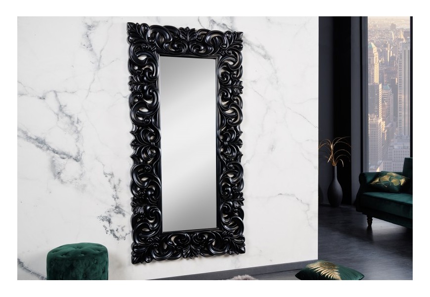 Luxusní barokní zrcadlo Muriel s černým vyřezávaným rámem obdélníkového tvaru