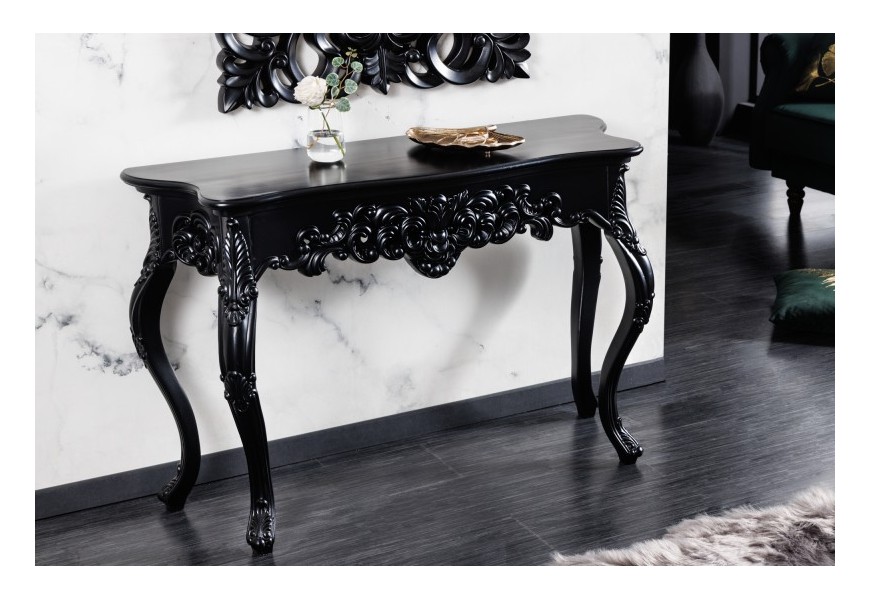 Luxusní barokní konzolový stolek Muriel černé barvy s detailním ornamentálním vyřezáváním