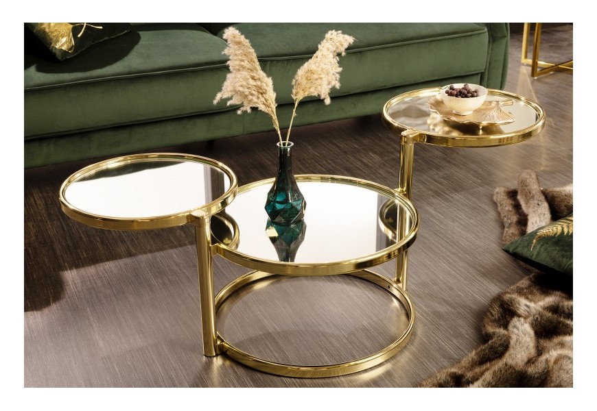 Designový art deco příruční stolek Meredith se zlatou konstrukcí a se zrcadlovým efektem