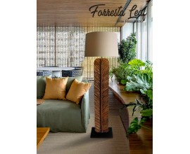 Elegantní stojací lampa Elegia z masivního dřeva v přírodním stylu s textilním béžovým stínítkem