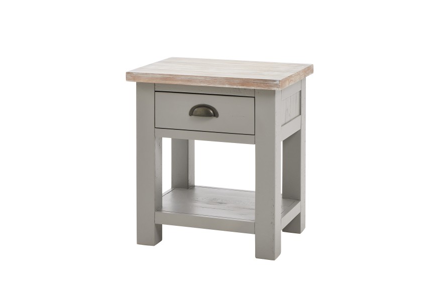 Elegantní masivní noční stolek Greytone šedé barvy s hnědou povrchovou deskou a praktickou zásuvkou