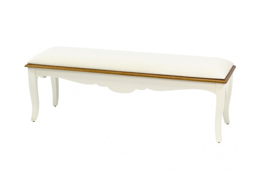 Luxusní lavice Antibes v provence stylu z masivního dřeva s hnědým rámem s tvarovanými nožičkami krémová bílá