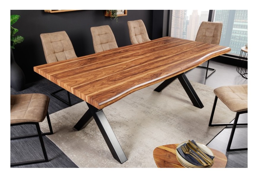 Obdélníkový jídelní stůl Bergo v industriálním stylu na překřížených černých kovových nožičkách s ořechově hnědou vrchní deskou s kresbou dřeva