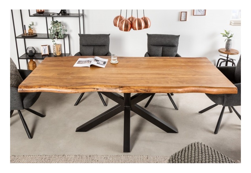 Designový industriální jídelní stůl Mammut z akátového masivního dřeva hnědé barvy s černýma kovovými nohami