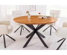 Elegantní masivní jídelní stůl Comedor kruhového tvaru z akátového dřeva hnědé barvy s černým kovovým nohama