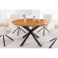 Elegantní masivní jídelní stůl Comedor kruhového tvaru z akátového dřeva hnědé barvy s černým kovovým nohama