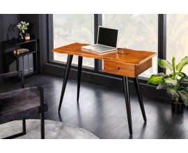 Moderní masivní psací stůl Morocco z akáciového dřeva přírodní hnědé barvy s černýma kovovými nohami 110cm