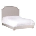Retro čalouněná postel Acara s vysokým čalem s pruhovaným potahem béžové barvy a dřevěnými nožičkami