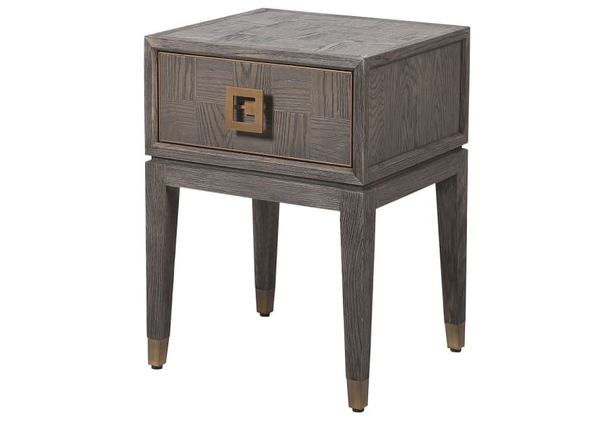 Stylový moderní noční stolek Emperor z masivního dřeva tmavě hnědé barvy s geometrickým vzorem a se zásuvkou