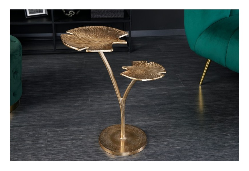 Designový příruční stolek Ginko v art deco stylu se dvěma deskami ve tvaru listu ve zlaté barvě 56cm