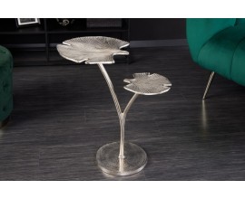 Art-deco stříbrný příruční stolek Ginko se dvěma deskami ve tvaru listu kovový 56cm