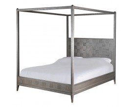 Moderní postel Emperor z masivního dubového dřeva šedé barvy s vysokým čelem a rámem pro nebesa 160cm