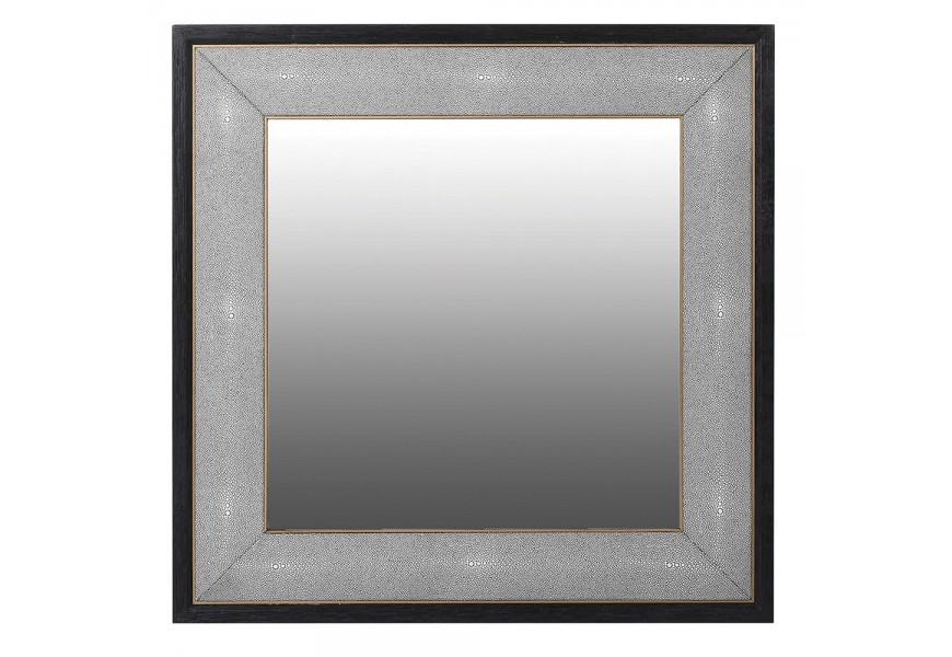 Moderní závěsné čtvercové zrcadlo Otawa s černým rámem si šedou výplní ze šagrénové ekokůže