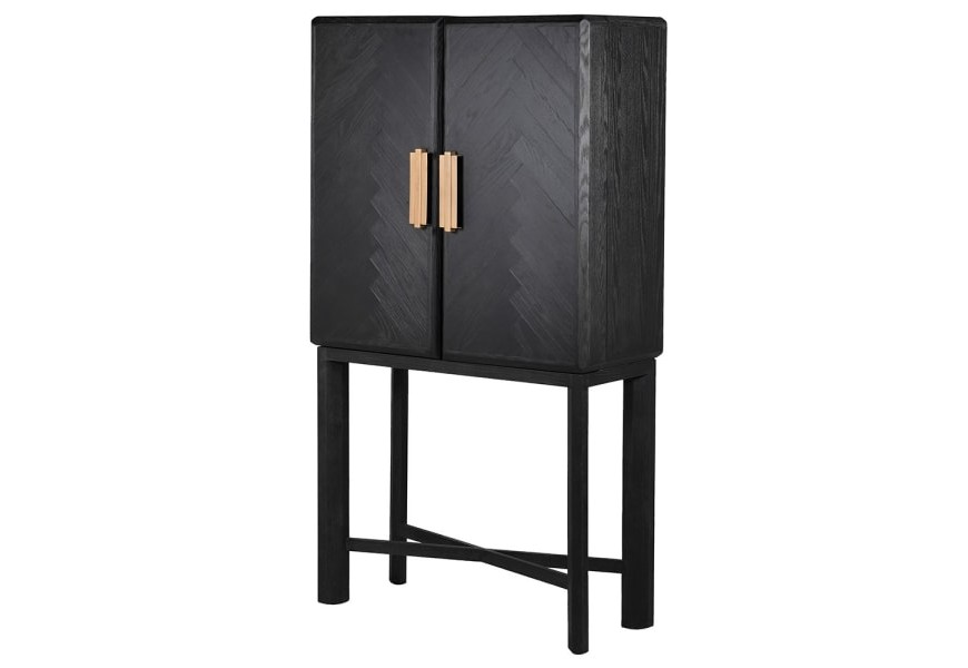 Moderní art-deco barová skříňka Agava z černého masivního dřeva s parketovým vzorem as úložným prostorem