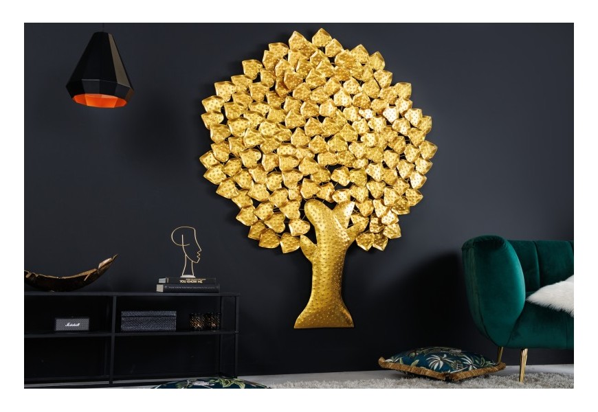 Zlatá nástěnná dekorace v podobě stromu ginko Tree of life z kovových plíšků