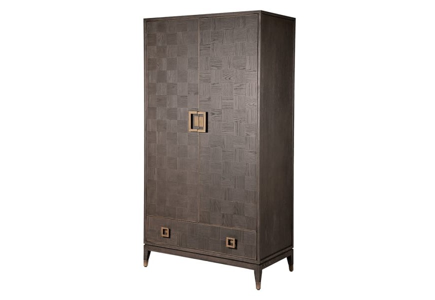 Luxusní art deco šatní skříň Quadria gris z masivního dřeva v hnědošedé barvě se zásuvkou a dvířky 206cm