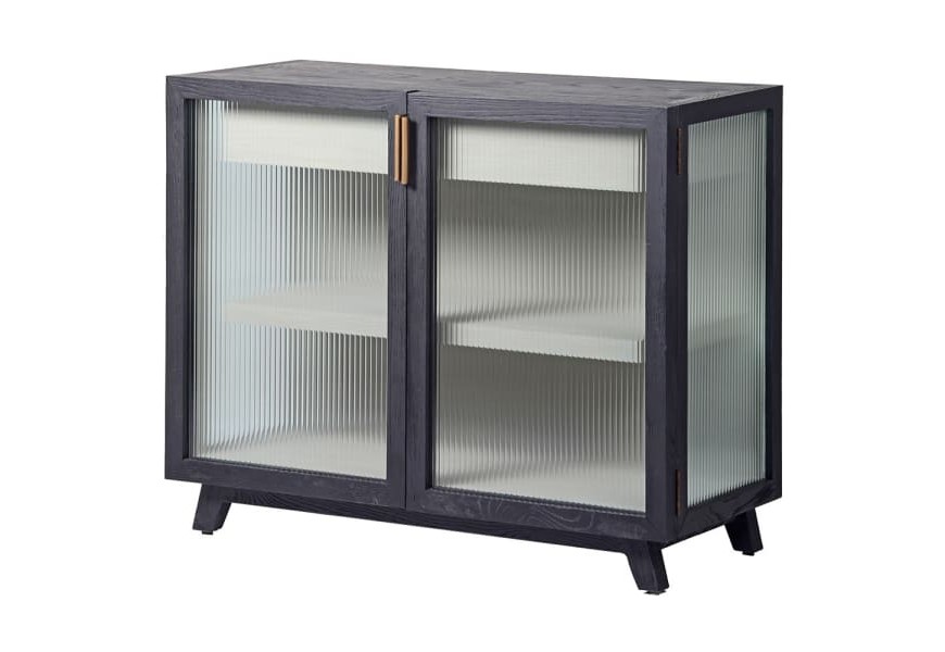 Moderní skříňka Kaleon ze dřeva černo-hnědé barvy as dvířky z rýhovaného skla