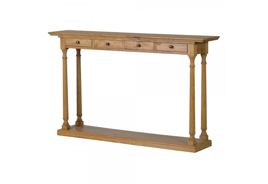 Masivní hnědý konzolový stolek Ondine s vyřezávanou dubovou podstavou a čtyřmi zásuvkami