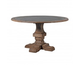 Masivní kulatý jídelní stůl Ondine ve venkovském stylu s šedou vrchní deskou a vyřezávanou nohou hnědý 140cm