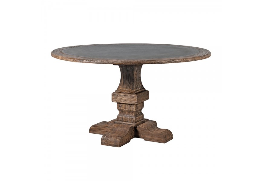 Venkovský masivní jídelní stůl Ondine z masivního dřeva s šedou vrchní deskou kulatý hnědý
