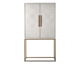 Art deco moderní barová skříňka Pompye bílé barvy z bílého masivu s kovovým zdobením v antické zlaté barvě 181cm